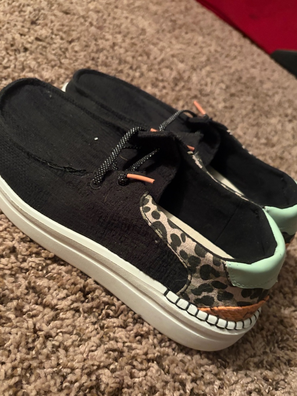 Hey Dudes Women’s size 7 Black Canvas Slip-On Shoes with Leopard Accent